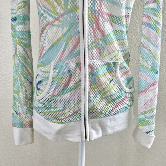Lilly Pulitzer Sz X-Small Mesh Zip Up Hoodie Jacket White Green Pink Stripes - Picture 4 of 14